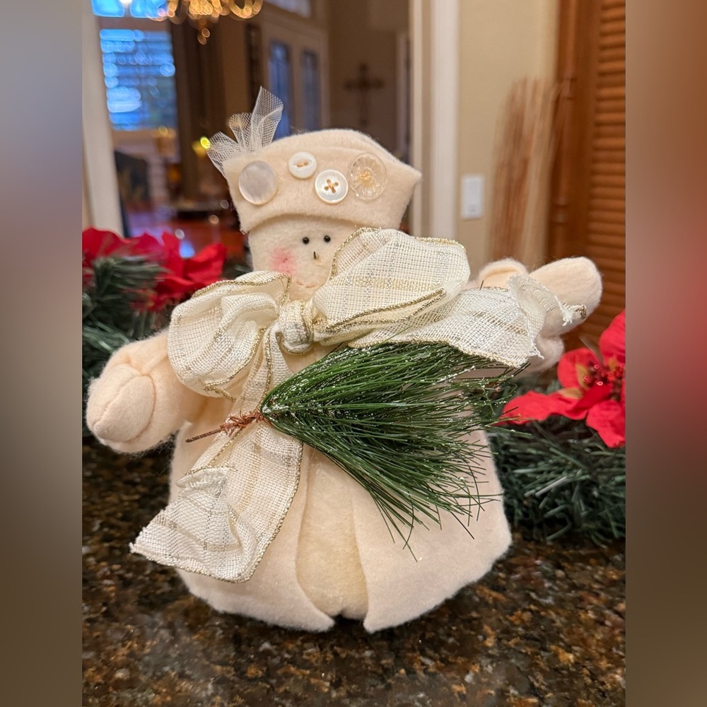Vintage Cream Plush Snowman Holiday Figurine - Rustic Christmas Decor